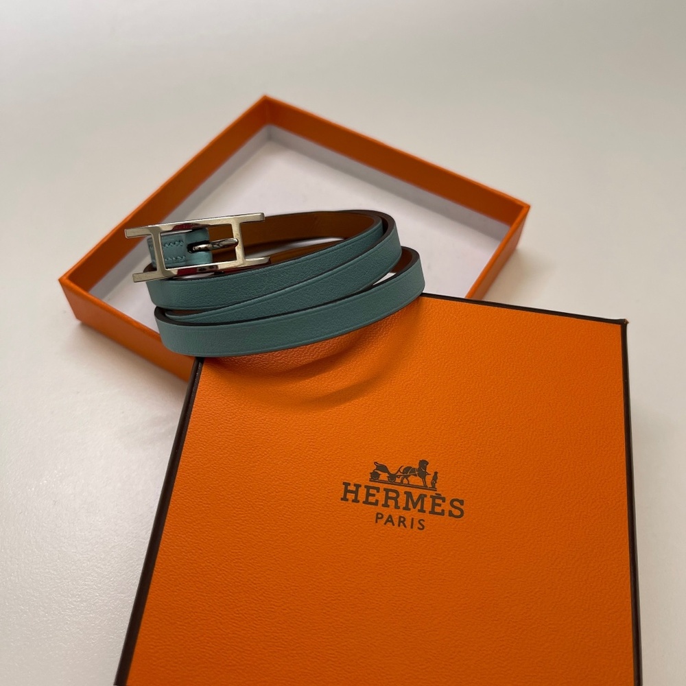 Hermes Hapi 3 Leather Wrap Bracelet Malachite blue Green Swift with Silver small